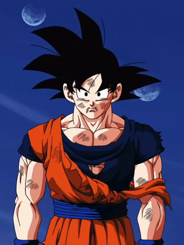 A Cartoon Character Named Goku Stands In Front Of A Blue Sky With Moons GIF