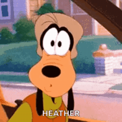 A Cartoon Character Named Goofy Is Standing In Front Of A Car And Saying Heather . GIF