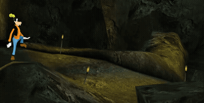 A Cartoon Character Named Goofy Walks Through A Dark Cave GIF