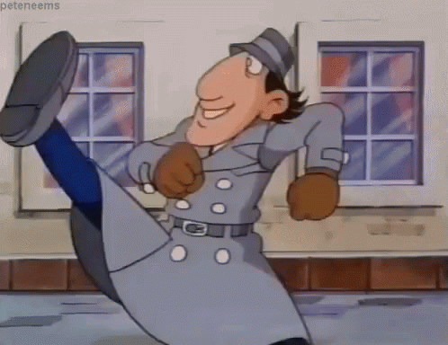 A Cartoon Character Named Inspector Gadget Is Kicking His Leg In The Air GIF