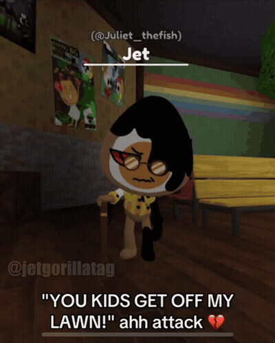 A Cartoon Character Named Jet Is Standing In A Room With Posters On The Wall GIF