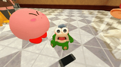 A Cartoon Character Named Kirby Is Standing Next To A Green Frog On A Checkered Floor GIF