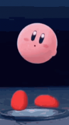 A Cartoon Character Named Kirby Is Standing On A Plate In The Air . GIF