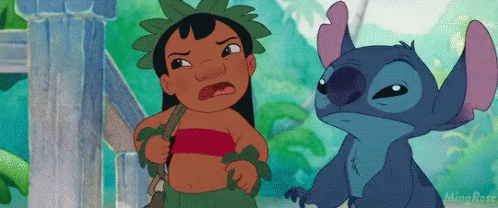 A Cartoon Character Named Lilo And Stitch Are Standing Next To Each Other And Looking At Each Other . GIF