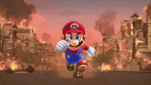 A Cartoon Character Named Mario Is Running In Front Of A Burning City . GIF