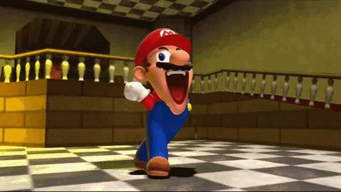 A Cartoon Character Named Mario Is Standing On A Checkered Floor With His Mouth Open GIF