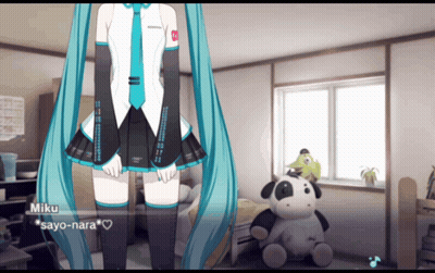 A Cartoon Character Named Miku Is Standing In A Bedroom GIF