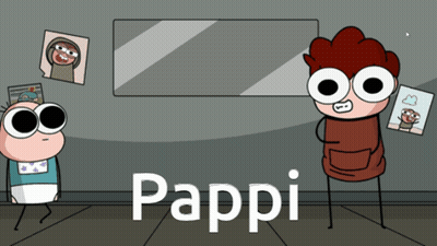 A Cartoon Character Named Pappi Stands Next To Another Character GIF