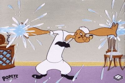 A Cartoon Character Named Popeye Is Standing In A Room With Water Splashing On Him GIF