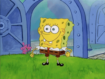 A Cartoon Character Named Spongebob Is Holding A Bouquet Of Pink Flowers GIF