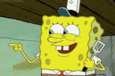 A Cartoon Character Named Spongebob Is Holding A Spatula And Pointing At Something . GIF