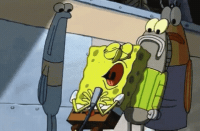 A Cartoon Character Named Spongebob Is Singing Into A Microphone While Another Character Looks On . GIF