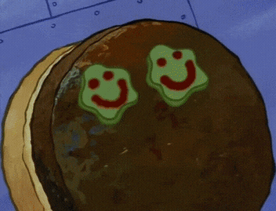 A Cartoon Character Named Spongebob Is Sitting At A Table With A Bunch Of Money And A Hamburger . GIF