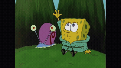 A Cartoon Character Named Spongebob Is Sitting Next To A Purple Snail GIF