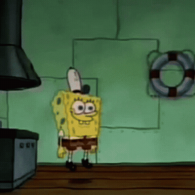 A Cartoon Character Named Spongebob Is Standing In Front Of A Life Preserver GIF