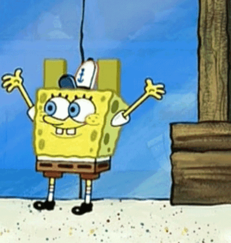 A Cartoon Character Named Spongebob Is Standing On A Beach With His Arms Outstretched GIF