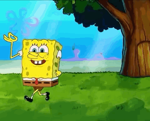 A Cartoon Character Named Spongebob Is Walking In A Field GIF