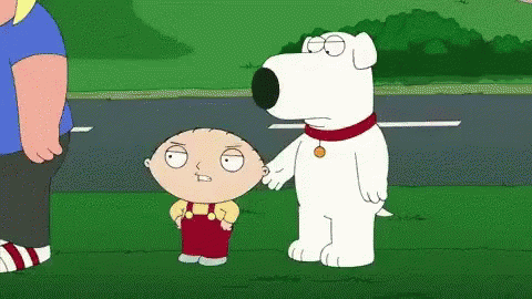 A Cartoon Character Named Stewie Is Standing Next To A White Dog Named Brian . GIF