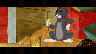A Cartoon Character Named Tom Is Holding A Stick With A Chicken On It GIF