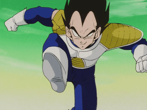 A Cartoon Character Named Vegeta Is Running With His Foot Up GIF