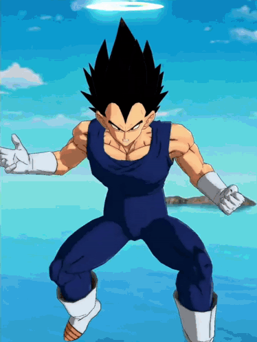A Cartoon Character Named Vegeta Is Standing In Front Of A Blue Background GIF