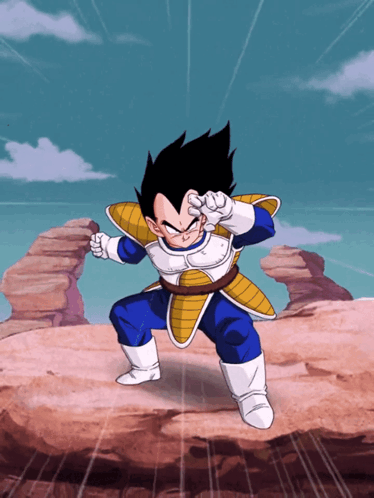 A Cartoon Character Named Vegeta Is Standing On A Rock In The Desert GIF