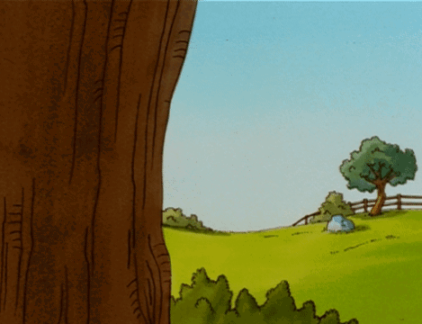 A Cartoon Character Peeking Out From Behind A Tree Trunk GIF