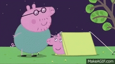 A Cartoon Character , Peppa Pig , Is Standing Next To A Yellow Tent . GIF
