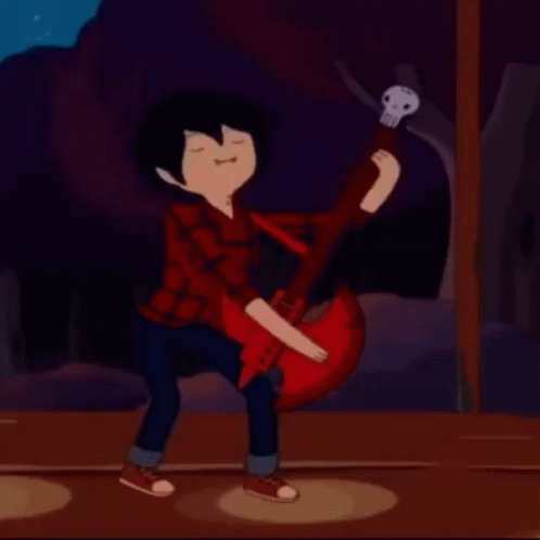 A Cartoon Character Playing A Red Guitar With A Skull On It GIF