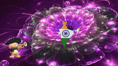 A Cartoon Character Playing A Trumpet In Front Of A Purple Flower With A Map Of India On It GIF