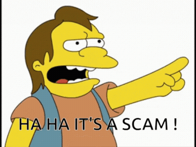 A Cartoon Character Pointing With The Words " Ha Ha It 'S A Scam " GIF