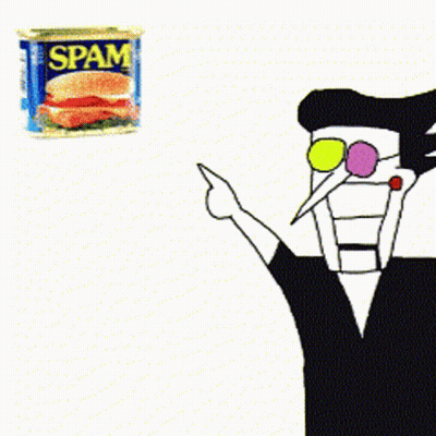 A Cartoon Character Points At A Can Of Spam GIF