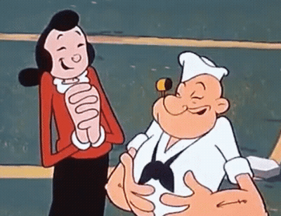 A Cartoon Character , Popeye , And A Woman Are Standing Next To Each Other . GIF