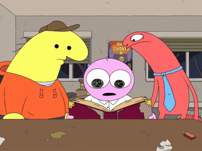 A Cartoon Character Reading A Book With A Sign That Says Sh Chouls Ii On It GIF
