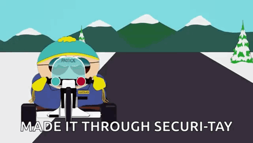 A Cartoon Character Riding A Motorcycle With The Words Made It Through Securi-Tay GIF