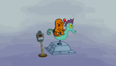 A Cartoon Character Riding A Seahorse Next To A Parking Meter That Says 4.29C GIF