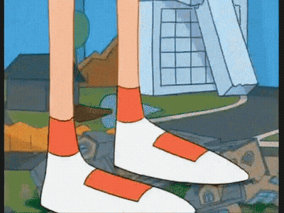 A Cartoon Character 'S Feet Are Shown In A Pair Of White Shoes With Orange Straps . GIF