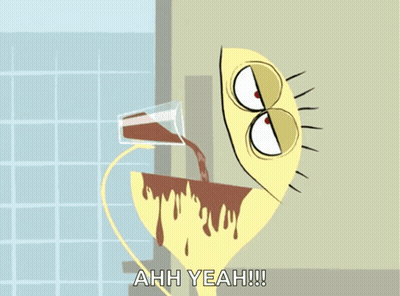 A Cartoon Character Says Ahh Yeah While Pouring Coffee Into A Glass GIF