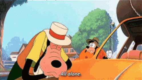 A Cartoon Character Says " All Alone " In A Car GIF
