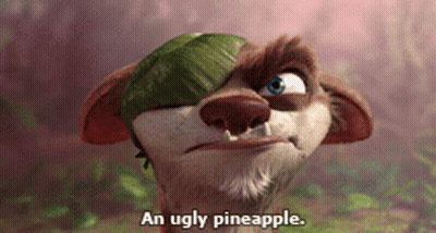 A Cartoon Character Says " An Ugly Pineapple " In Front Of A Turtle GIF