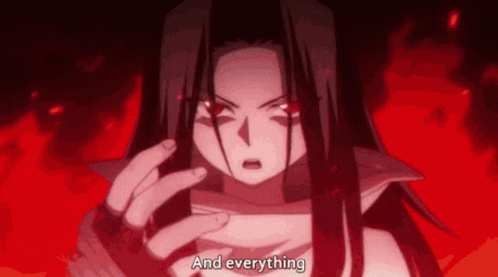 A Cartoon Character Says " And Everything " In Front Of A Red Background . GIF