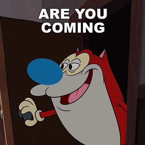 A Cartoon Character Says " Are You Coming " In White Letters GIF