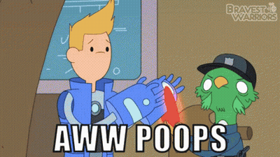 A Cartoon Character Says " Aww Poops " In Front Of A Green Bird GIF