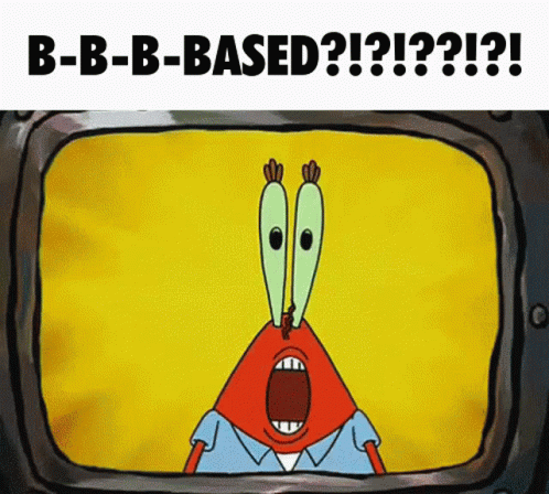 a cartoon character says b-b-b-based in a yellow background