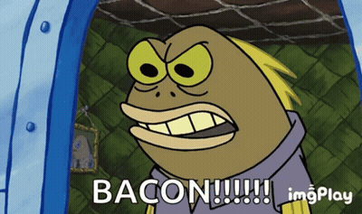 A Cartoon Character Says Bacon While Looking Out Of A Doorway GIF