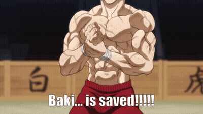 A Cartoon Character Says " Baki Is Saved " GIF