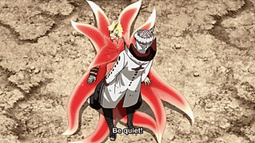 A Cartoon Character Says " Be Quiet " While Standing Next To Another GIF