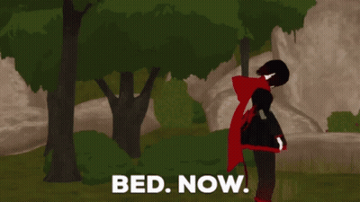 A Cartoon Character Says Bed Now While Standing In The Woods GIF
