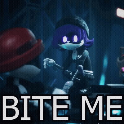 A Cartoon Character Says " Bite Me " While Holding A Guitar GIF