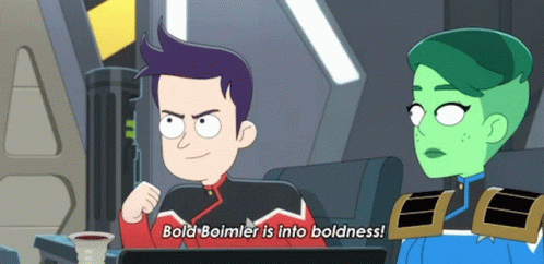 A Cartoon Character Says Bold Boimler Is Into Boldness While Sitting Next To Another Character GIF